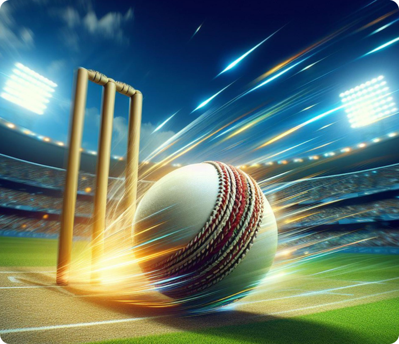 Cricket ball and stumps on stadium field